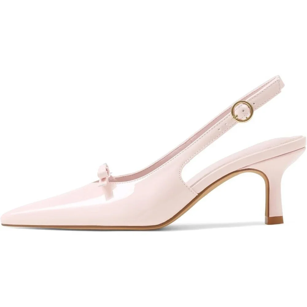 Women's Light Pink Slingback Kitten Heels Bow Ankle Strap Pointed Toe Heel